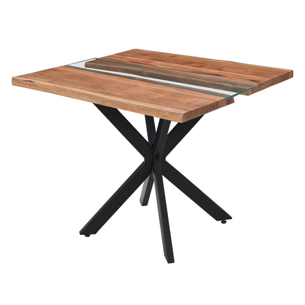 Live edge square dining table with glass river center, natural wood grain, black metal base, modern rustic design by Sostter at brixbailey.com