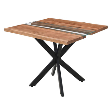 Live edge square dining table with glass river center, natural wood grain, black metal base, modern rustic design by Sostter at brixbailey.com