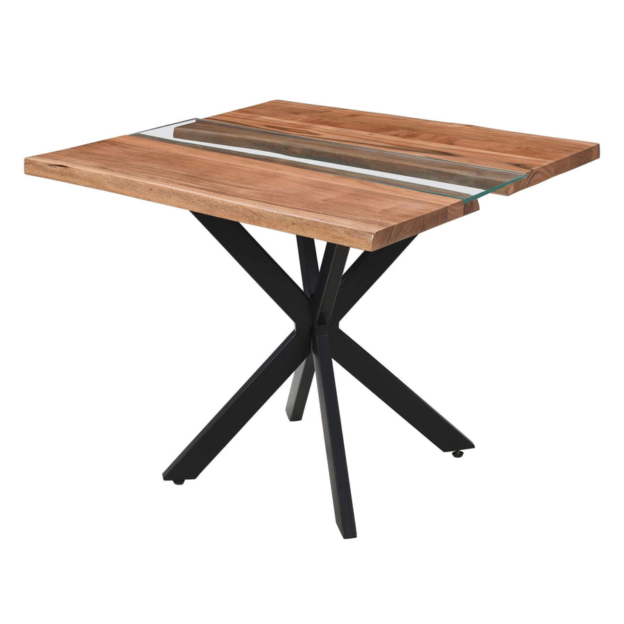 Live edge square dining table with glass river center, natural wood grain, black metal base, modern rustic design by Sostter at brixbailey.com