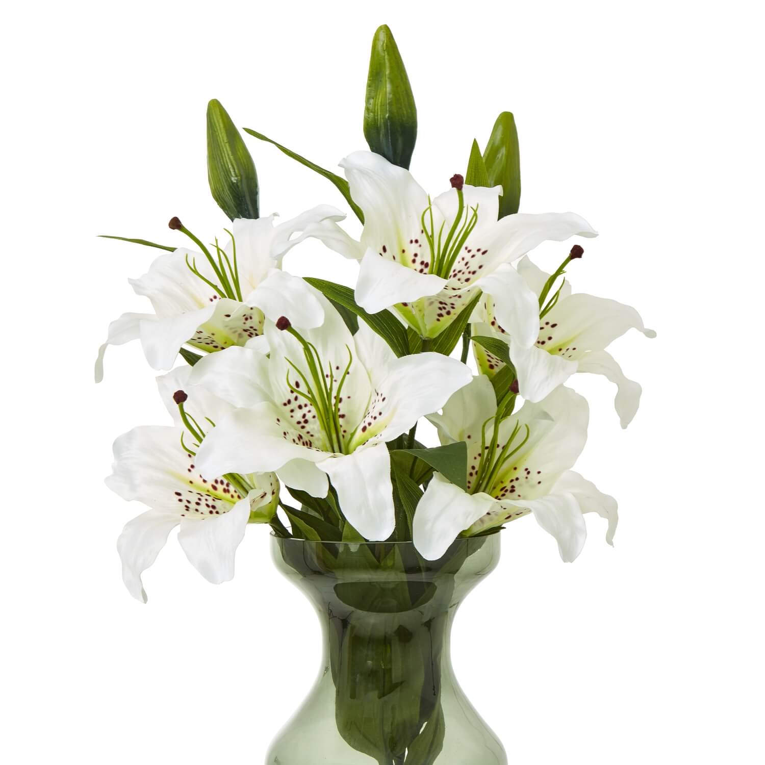 White Madonna Lily spray with lifelike ivory petals and green foliage, artificial floral arrangement for home decor by Sostter at brixbailey.com