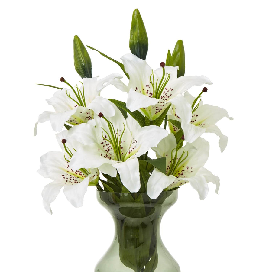White Madonna Lily spray with lifelike ivory petals and green foliage, artificial floral arrangement for home decor by Sostter at brixbailey.com