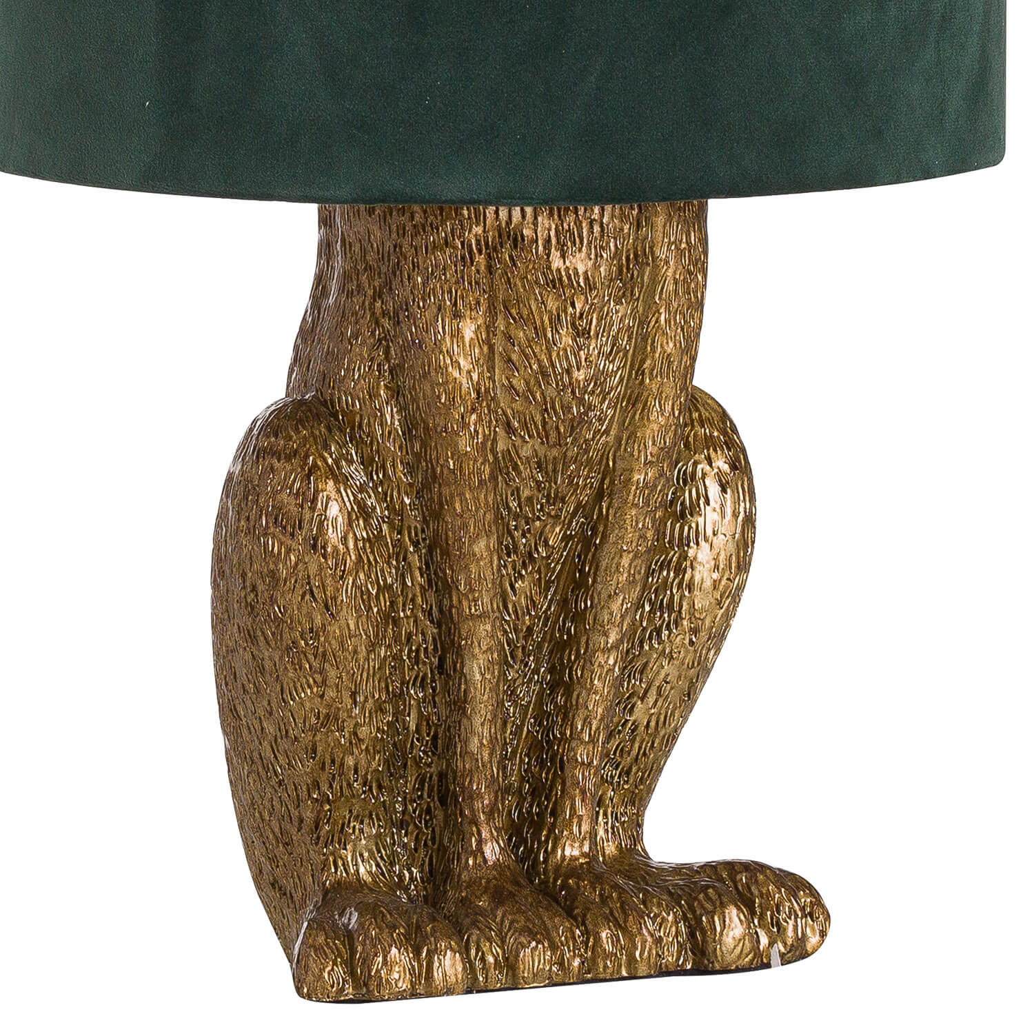 Antique gold hare table lamp with green velvet shade, handcrafted resin sculpture, elegant home decor lighting by Sostter at brixbailey.com