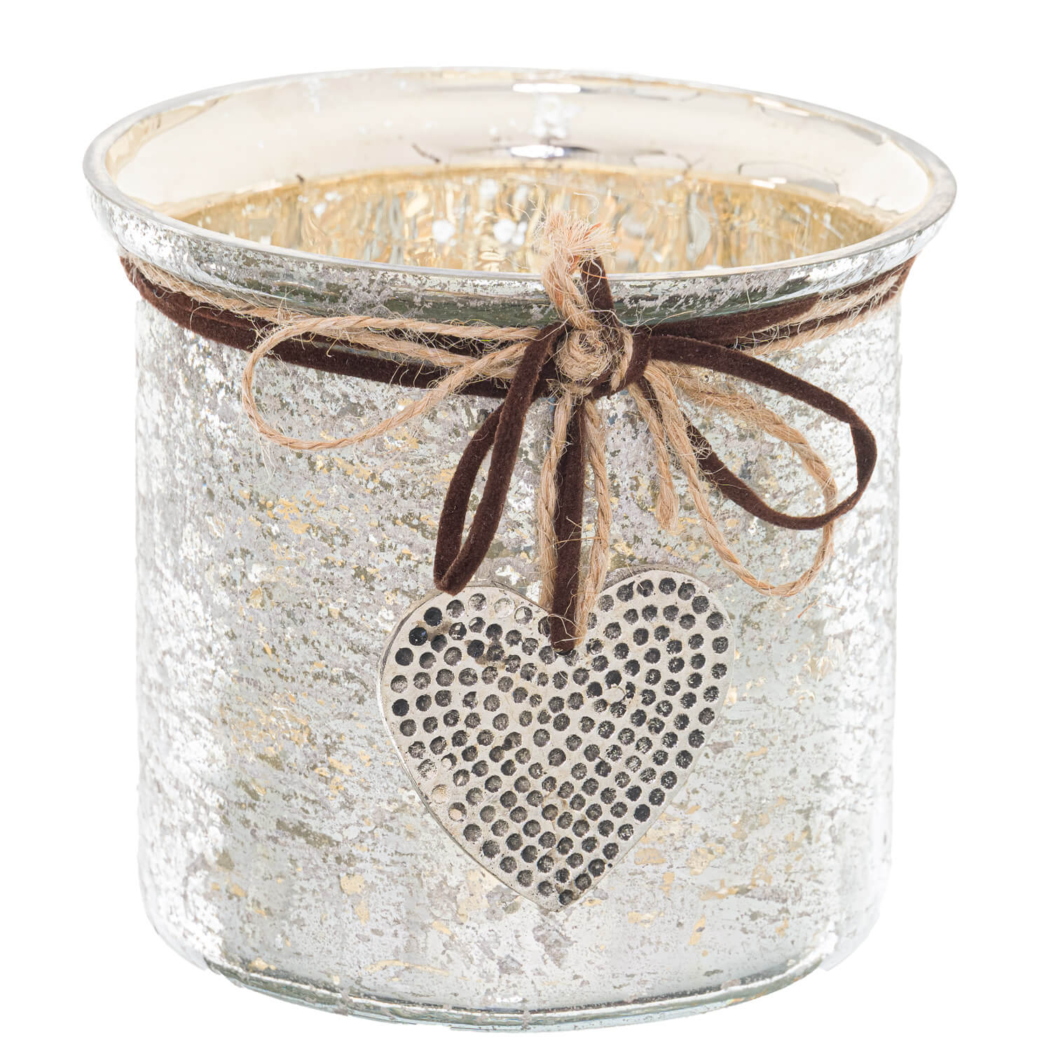 Mercury glass heart candle holder with hammered texture, rustic twine bow, casting warm romantic glow for home decor.  

**  
- **Keywords included:** mercury glass, heart candle holder, hammered texture, rustic twine bow, warm glow, home decor  
- **Clear description:** Visually conveys the product's material, design, and ambiance effect  
- **SEO & accessibility optimized:** Concise yet descriptive for both search engines and screen readers by RoomLondon at brixbailey.com