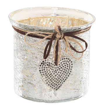 Mercury glass heart candle holder with hammered texture, rustic twine bow, casting warm romantic glow for home decor.  

**  
- **Keywords included:** mercury glass, heart candle holder, hammered texture, rustic twine bow, warm glow, home decor  
- **Clear description:** Visually conveys the product's material, design, and ambiance effect  
- **SEO & accessibility optimized:** Concise yet descriptive for both search engines and screen readers by Sostter at brixbailey.com