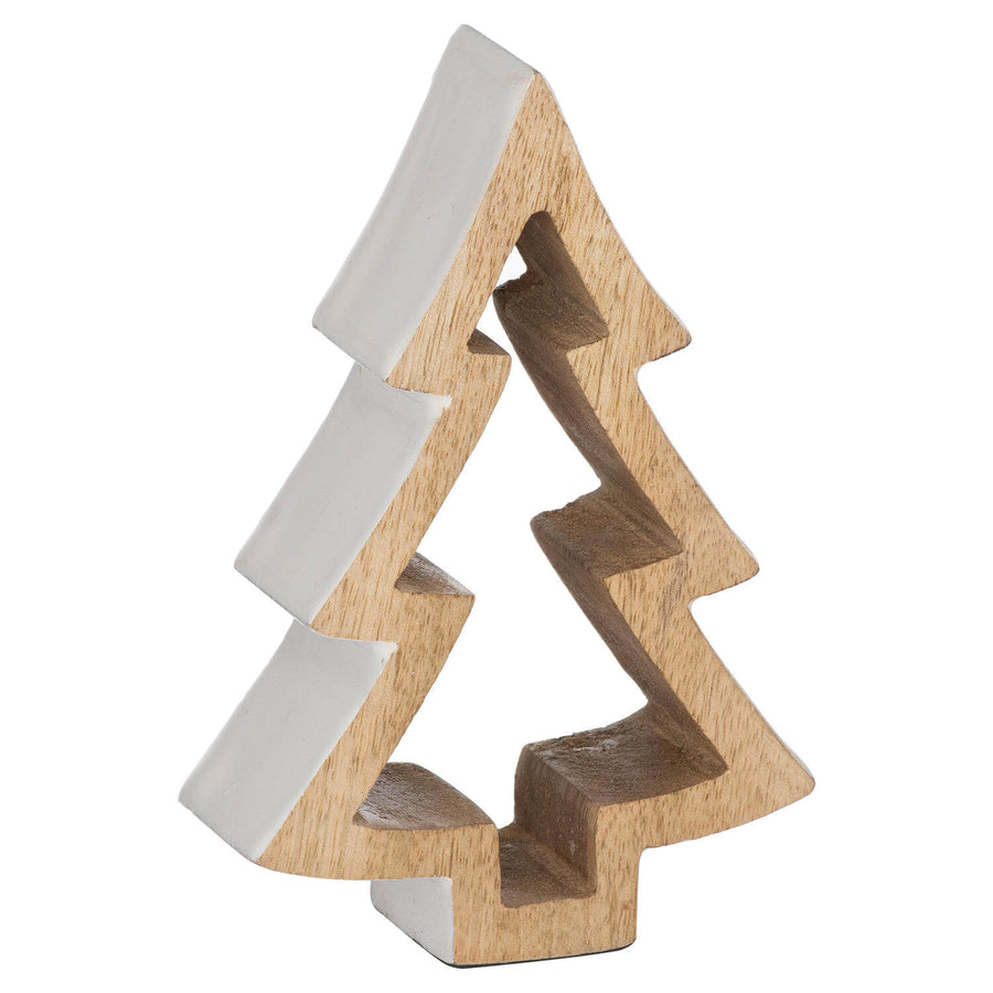Handcrafted snowy wooden holiday tree with silver accents, Scandinavian-inspired winter decor for mantels or tabletops by Sostter at brixbailey.com