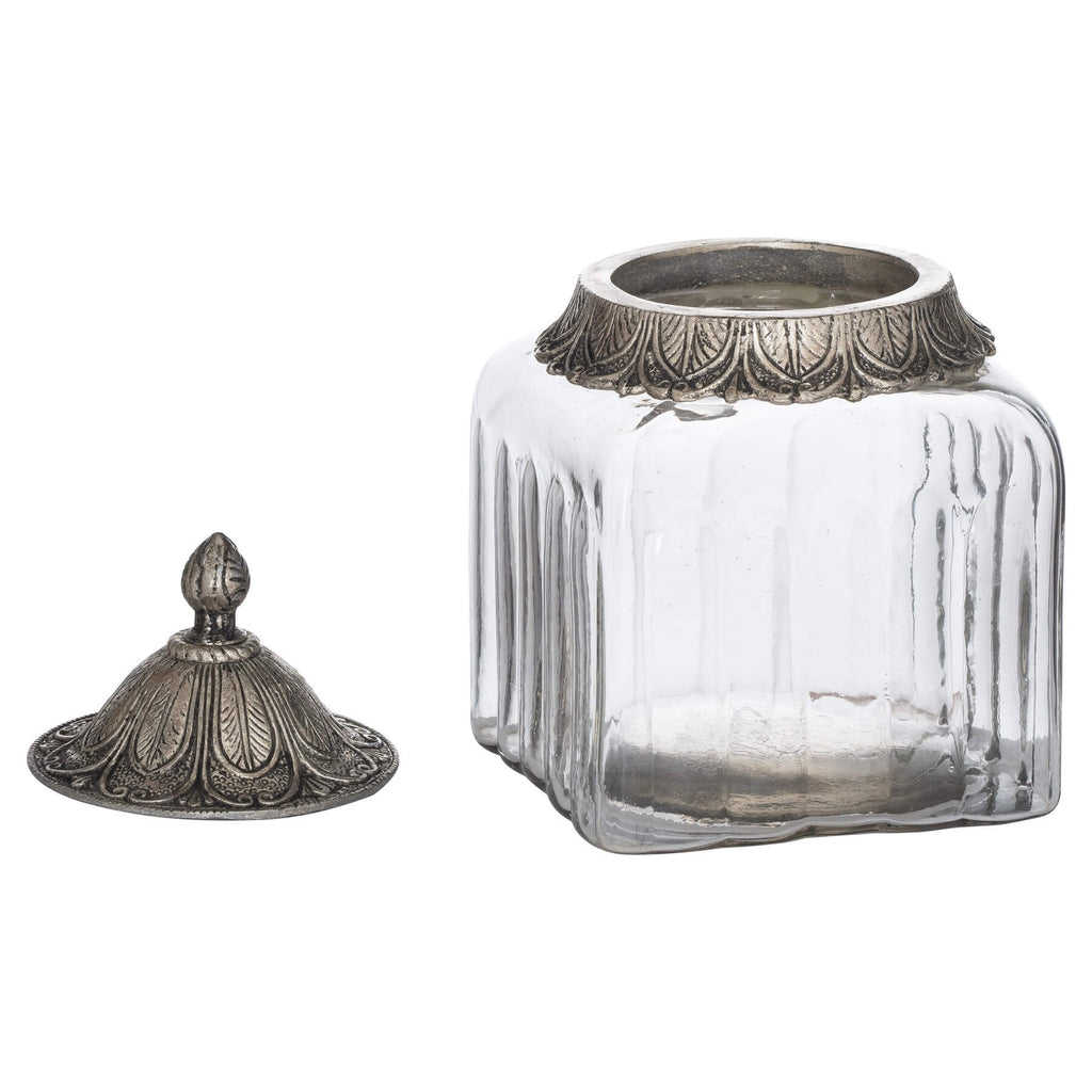 Handcrafted Moroccan lidded jar with patterned metal top and glass base for jewelry or spice storage by RoomLondon at brixbailey.com