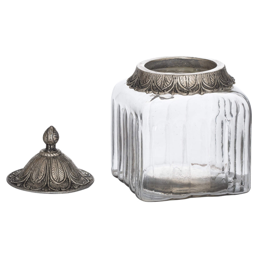 Handcrafted Moroccan lidded jar with patterned metal top and glass base for jewelry or spice storage by Sostter at brixbailey.com