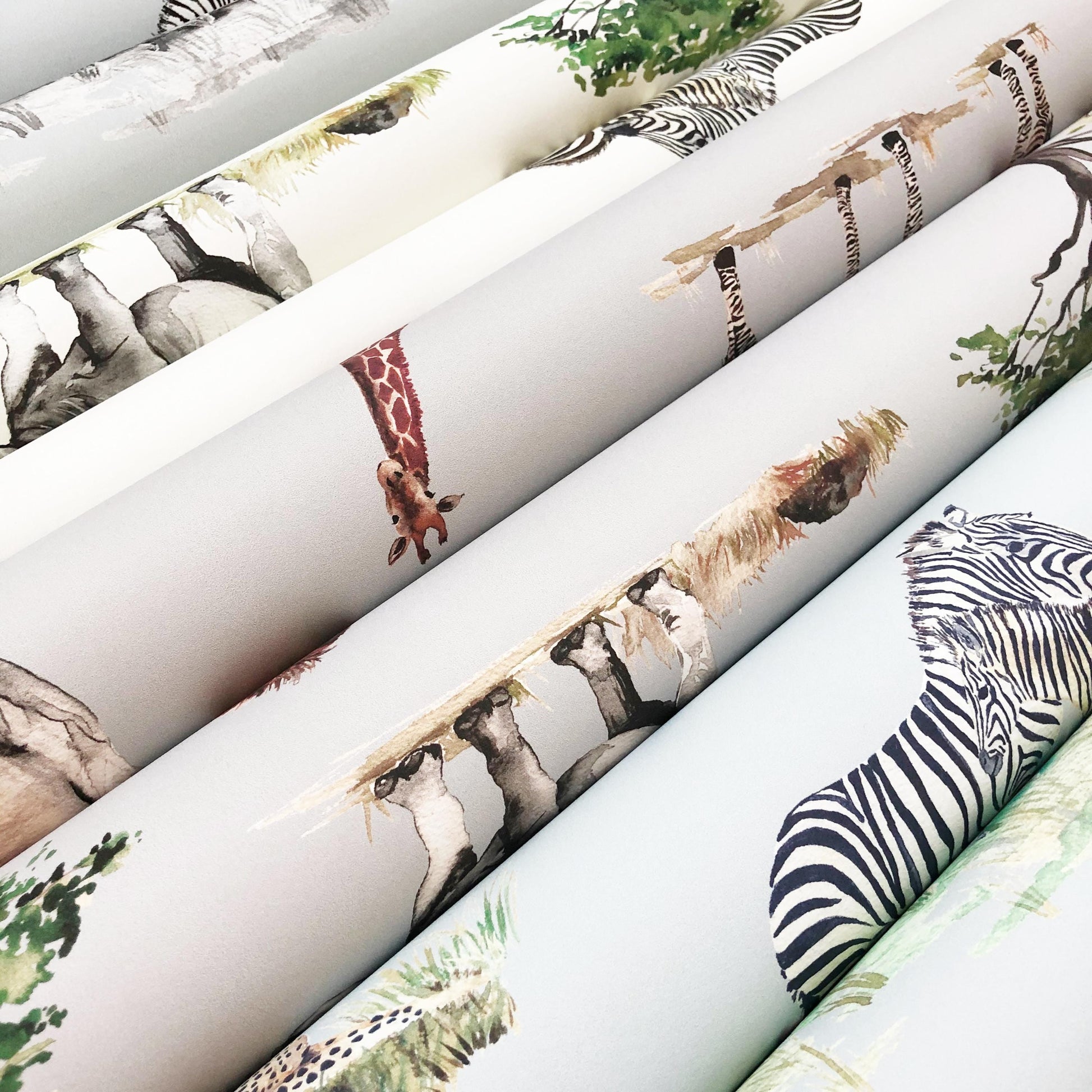 Safari Animals Hand-Designed Children's Wallpaper - Blue, Cream and Grey Colour Options