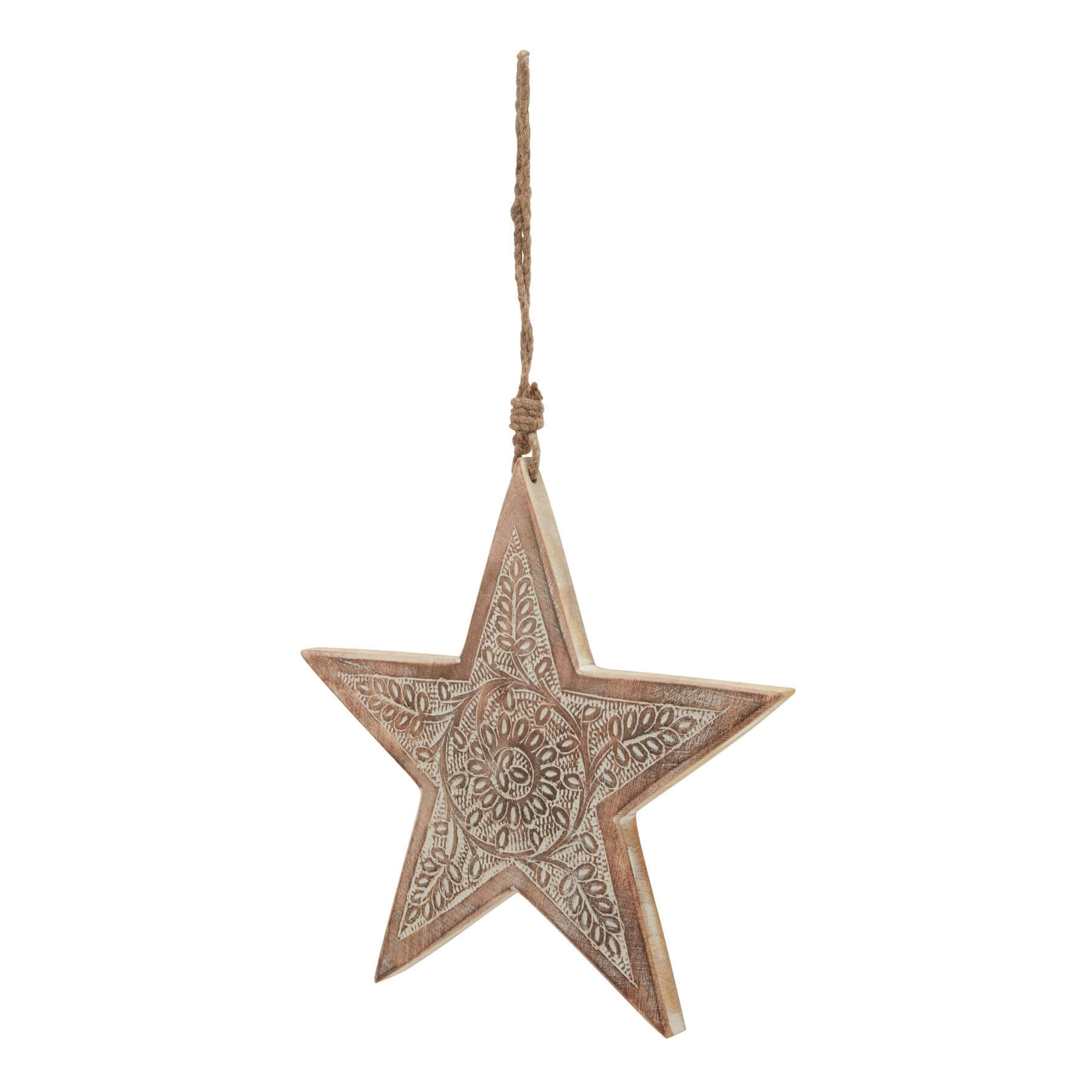 Handcrafted wooden hanging star decor with intricate laser-cut pattern, natural brown finish, 25cm diameter. by RoomLondon at brixbailey.com