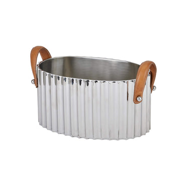 Silver champagne cooler with fluted metal body and leather handles, elegant table centerpiece for entertaining by Sostter at brixbailey.com