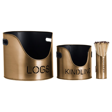 Antique bronze log and kindling set with artistic cut-outs, 32cm tall, for stylish fireplace organization  by Sostter at brixbailey.com