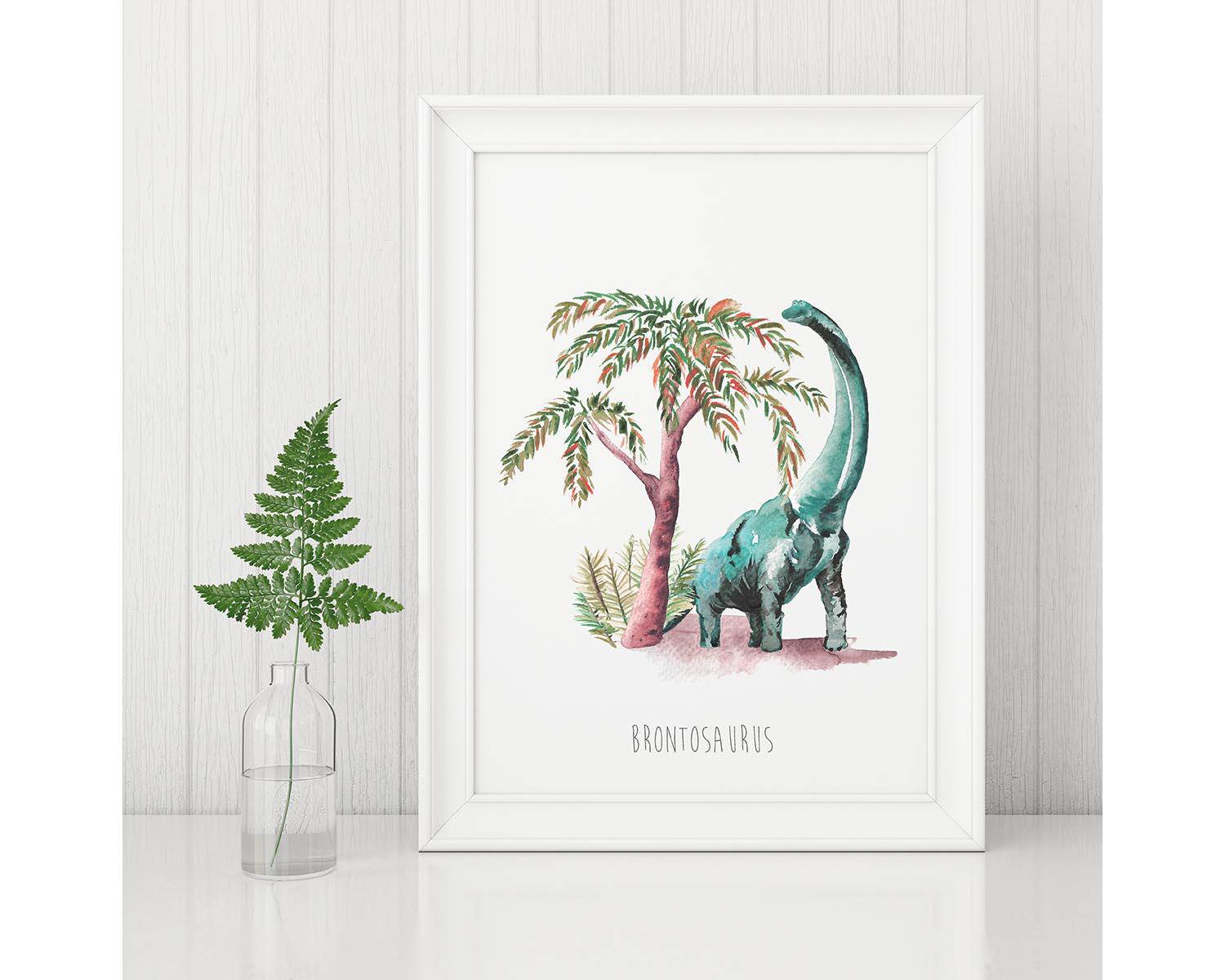 Personalised Watercolour Brontosaurus Dinosaur Wall Print