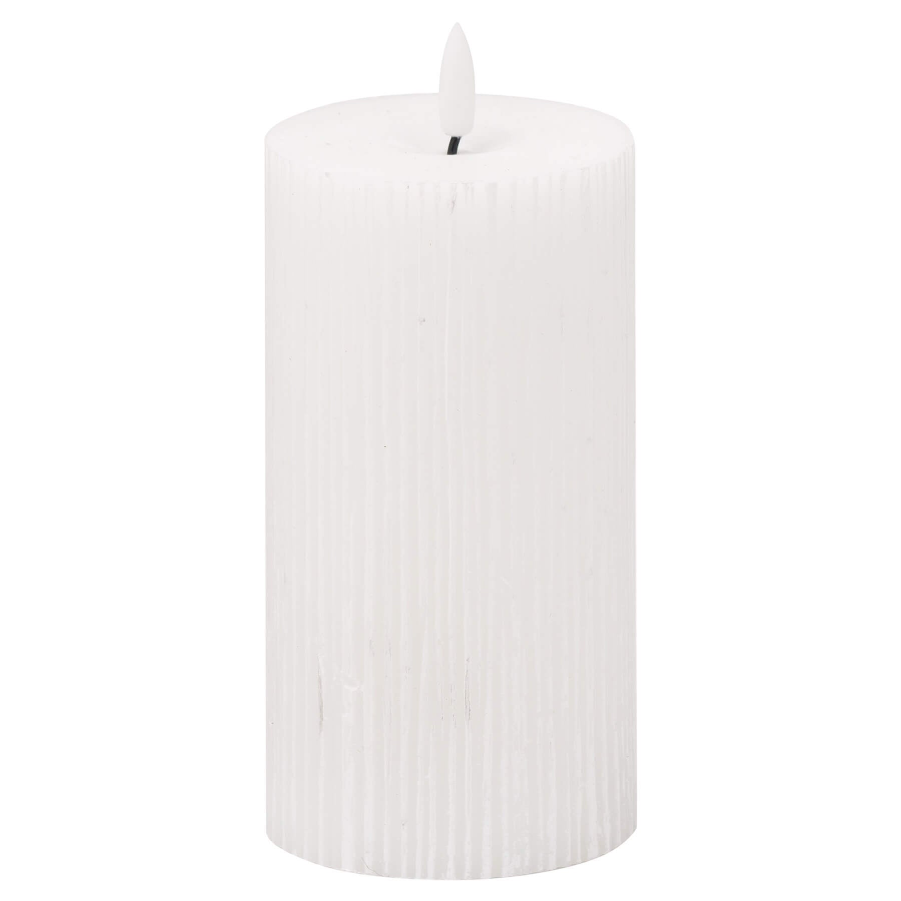 White LED candle with realistic wax texture and flickering amber glow, battery-operated for flameless ambiance by Sostter at brixbailey.com
