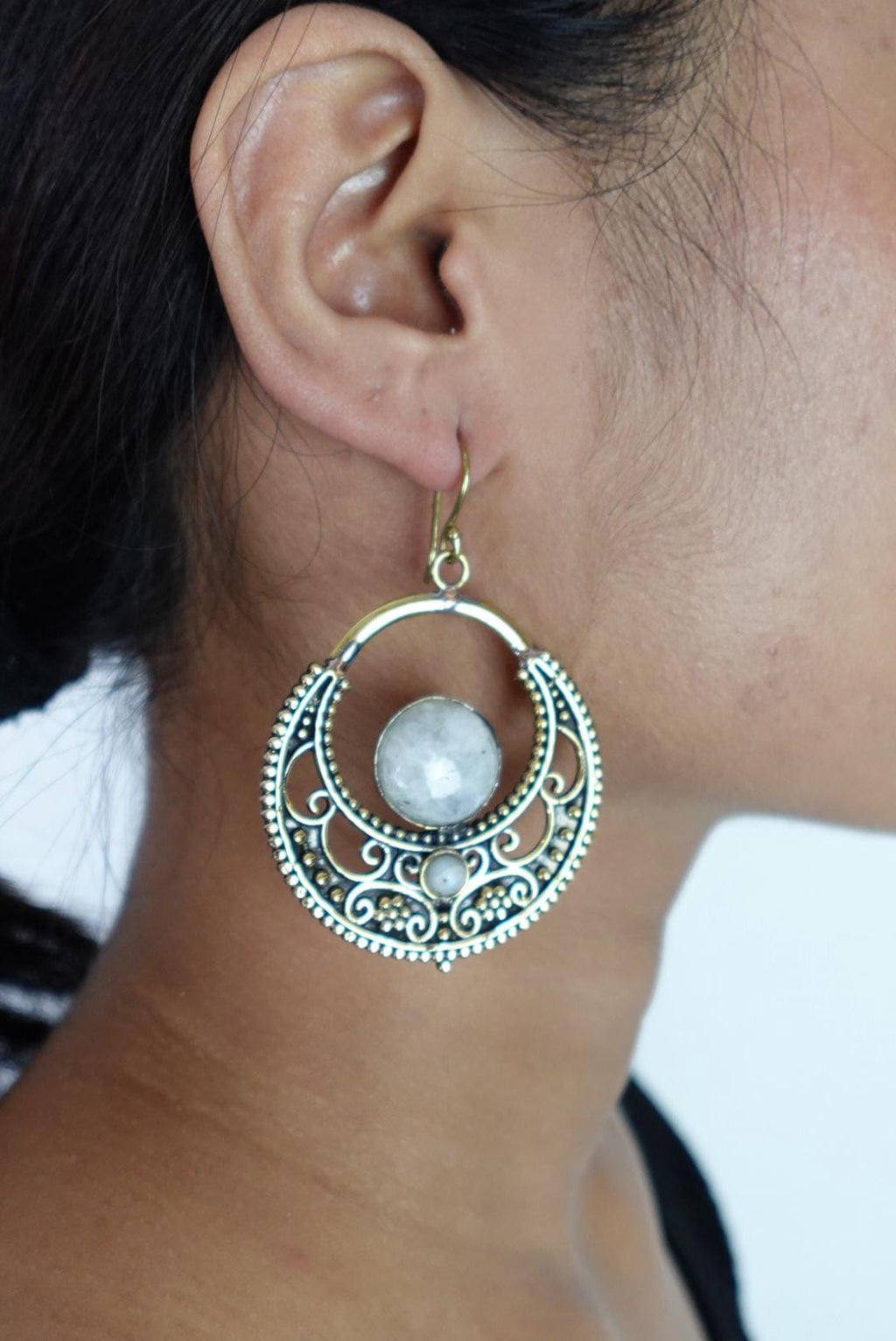 Boho Filigree Crescent Hoop Earrings with Natural Stone Center.