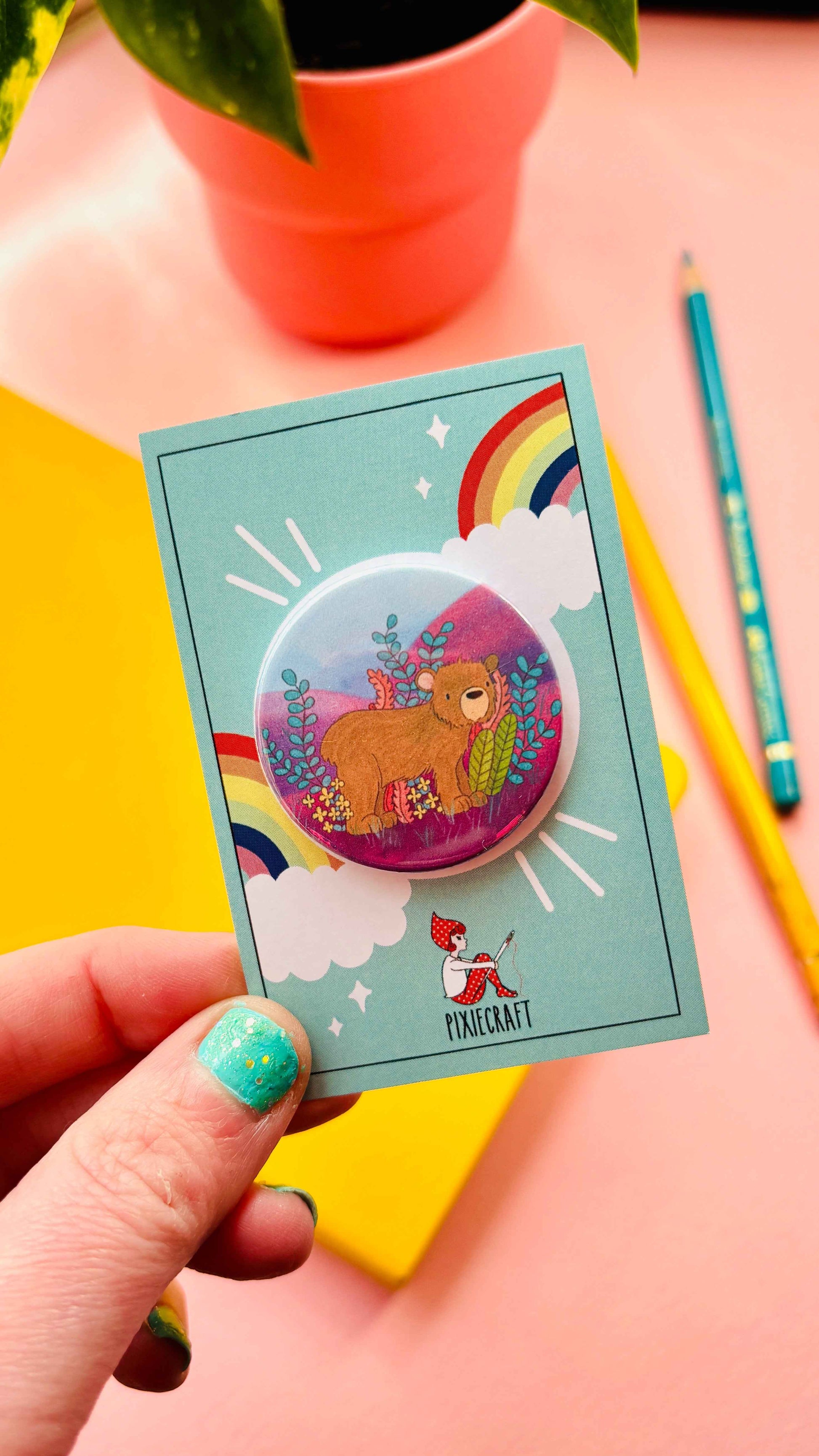 Brown Bear Illustrated Art Vibrant Pin Badge or Magnet- Multiple options available