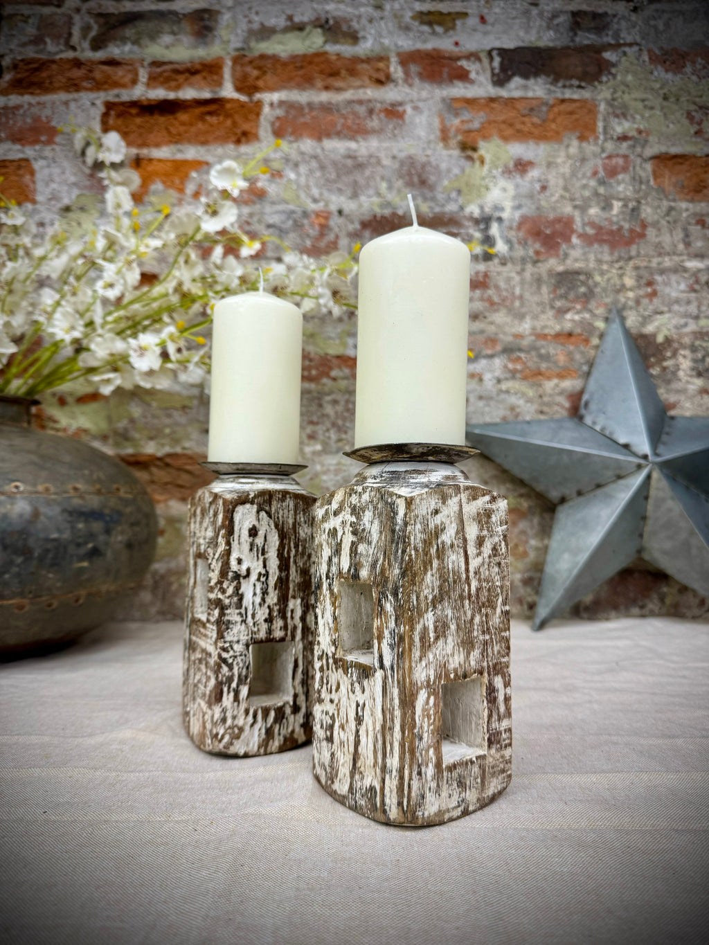 Pair Of Rustic Wooden Candle Holders / Large Church Candle Candlesticks /C