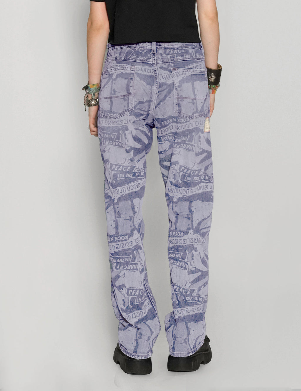 'Peace' Laser Print Jeans in Light Blue
