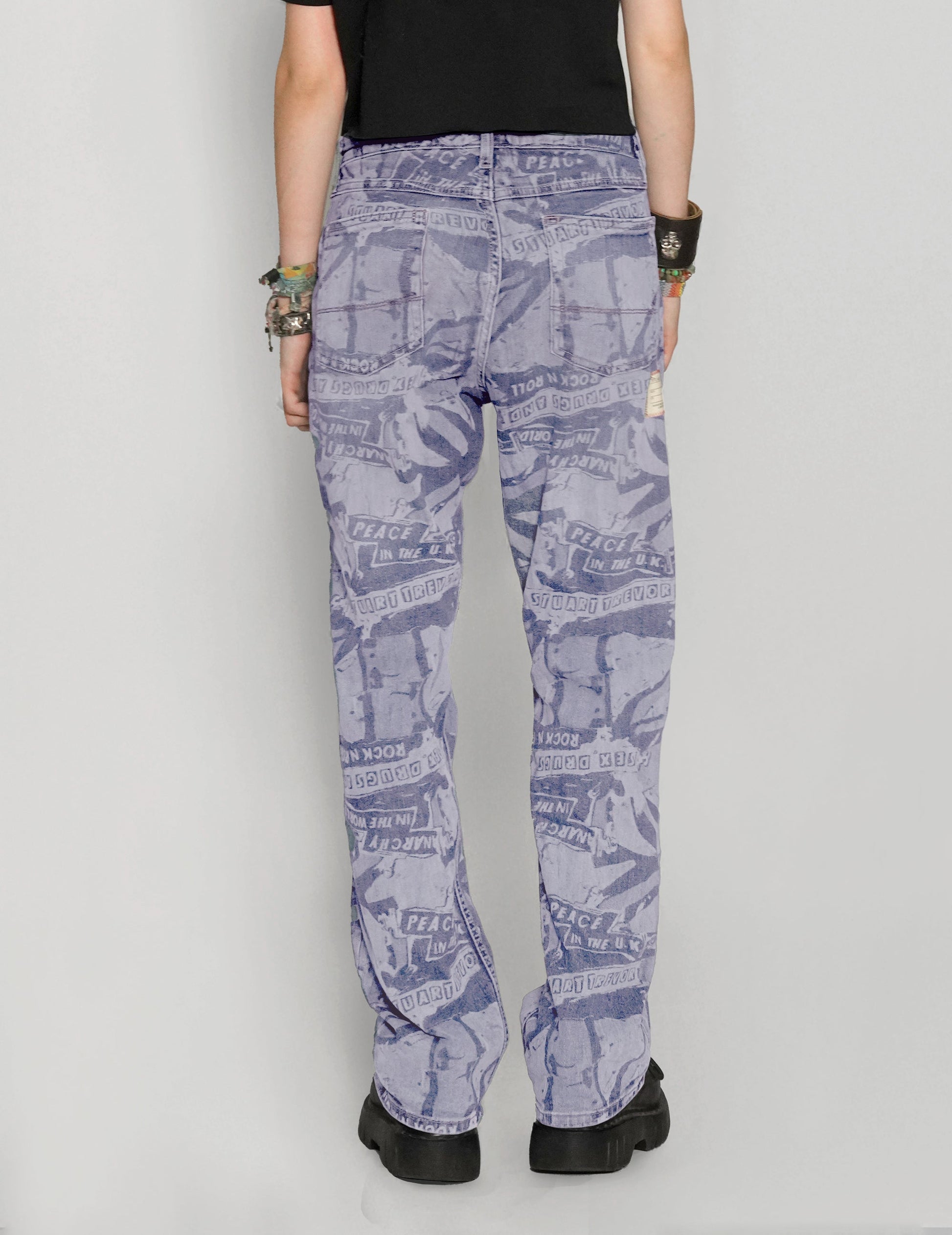 'Peace' Laser Print Jeans in Light Blue