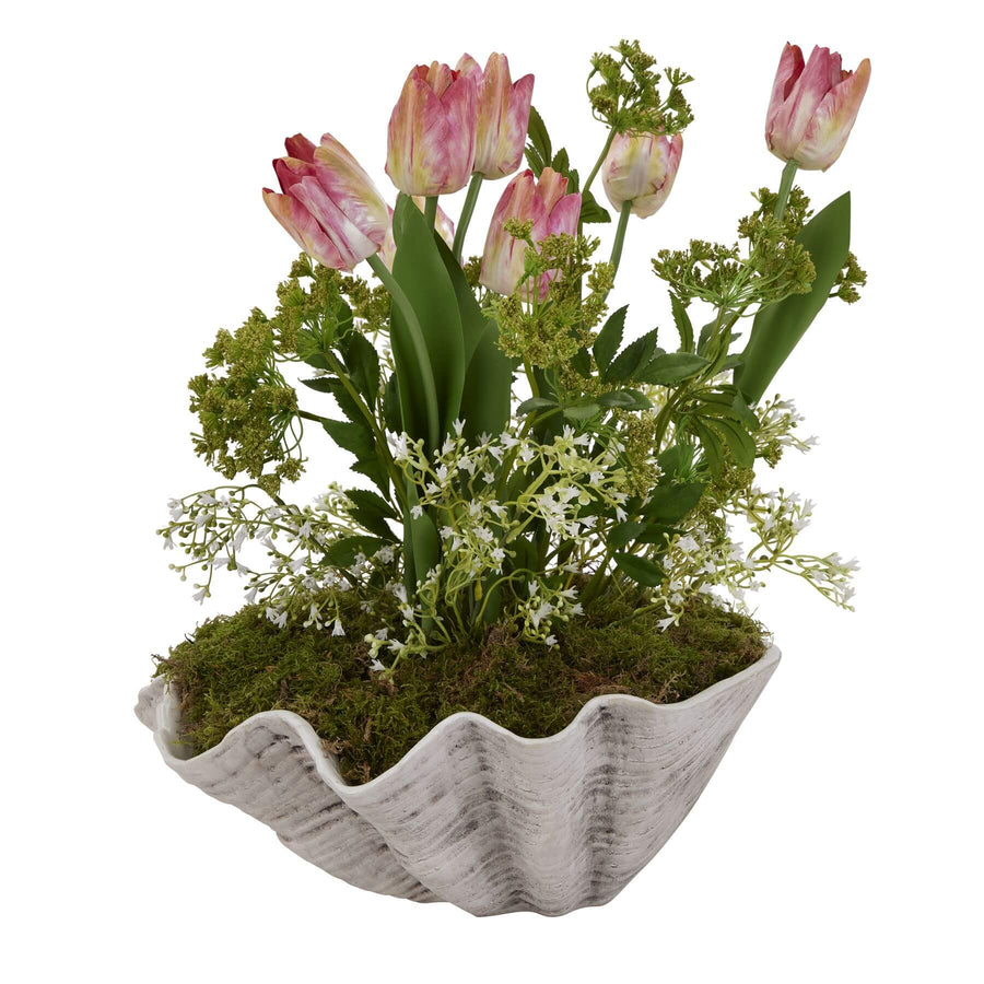 Handcrafted white ceramic shell bowl with organic coastal texture, perfect for floral displays or home decor. by Sostter at brixbailey.com