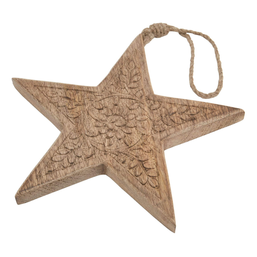 Handcrafted wooden hanging star with geometric patterns, natural wood grain, and warm brown finish for holiday decor by Sostter at brixbailey.com