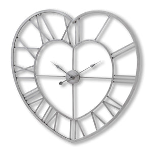 Elegant silver heart-shaped skeleton wall clock with roman numerals, 89cm, minimalist metal design for modern decor by sostter at brixbailey.com