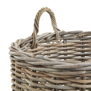 Set of 3 round Kubu rattan storage baskets with handles, natural brown wicker texture, sizes small/medium/large.by Sostter at brixbailey.com