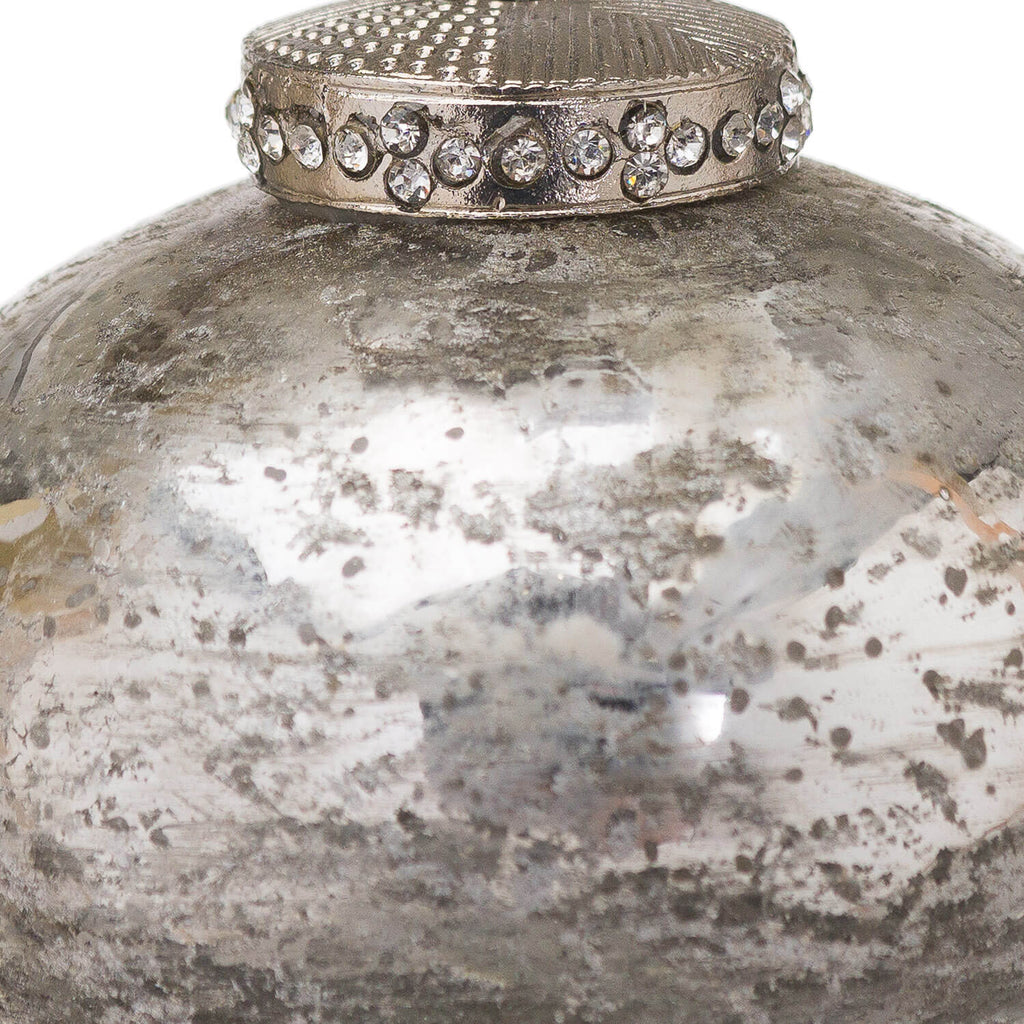 Antiqued silver teardrop Christmas ornament with frosted glass and crystal accents for elegant holiday decor by RoomLondon at brixbailey.com