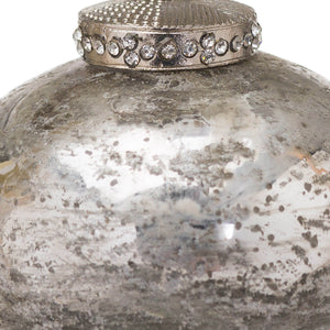 Antiqued silver teardrop Christmas ornament with frosted glass and crystal accents for elegant holiday decor by RoomLondon at brixbailey.com