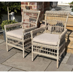 Provence Collection Dining Chair in beige, powder-coated aluminum frame with HDPE wicker and Olefin cushions for outdoor use by sostter at brixbailey.com