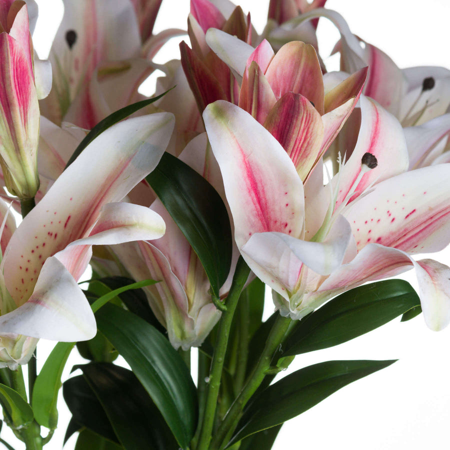 Handcrafted white and pink silk stargazer lily stem, hyper-realistic artificial flower for home decor by Sostter at brixbailey.com