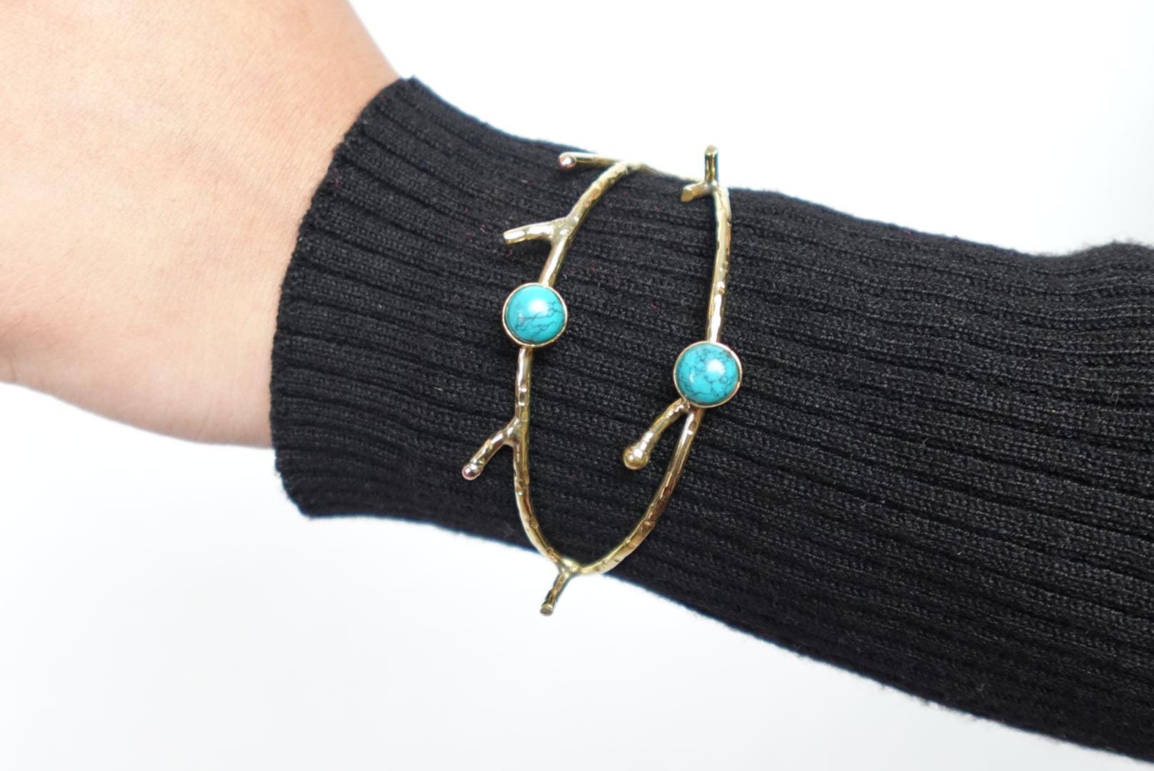Turquoise/Moonstone Twig Open Brass Bangle - Nature-inspired twig bangle with turquoise stones—bold and earthy.