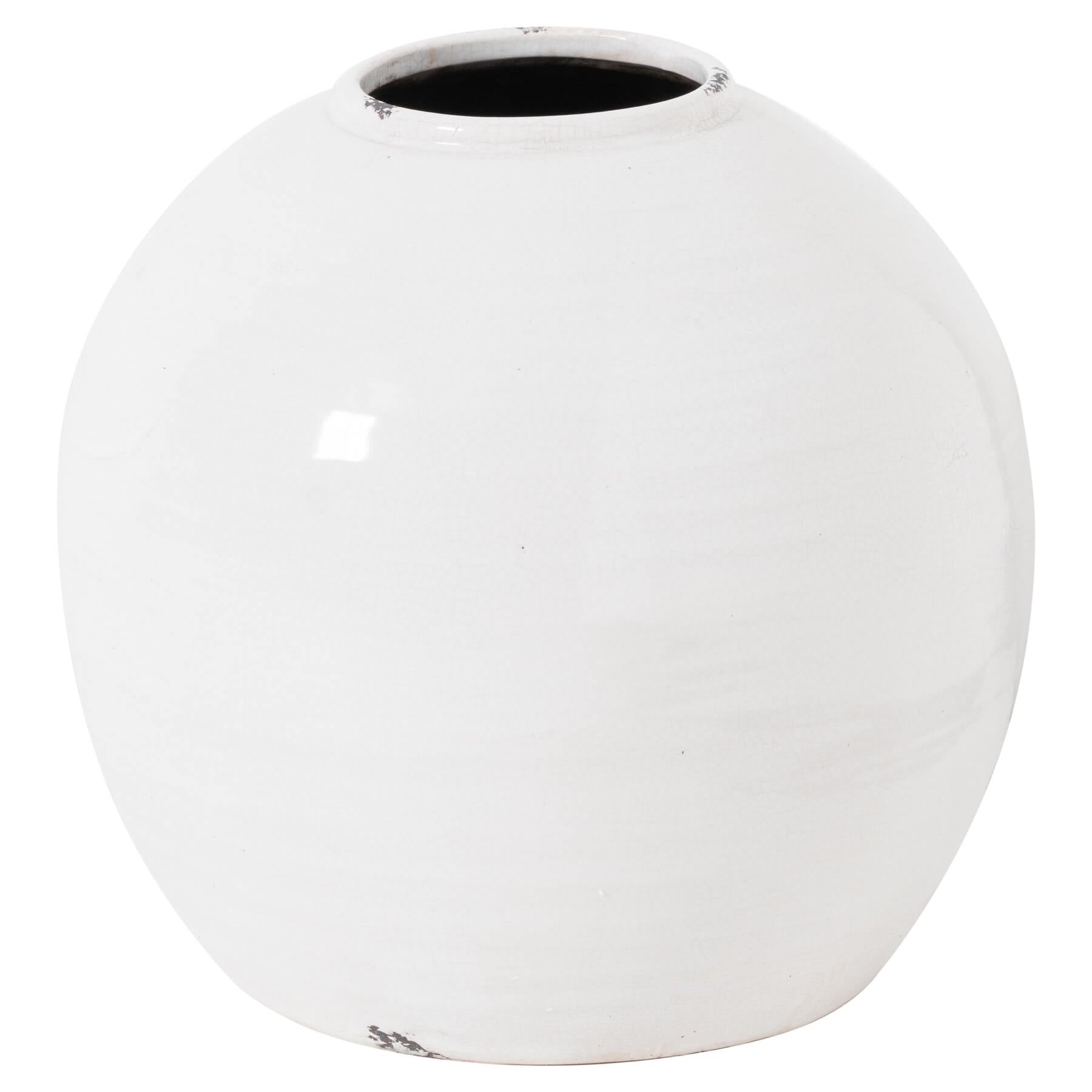 Handcrafted white ceramic vase with rustic-modern glaze, 29cm wide, showcasing unique artisan distressing and elegant proportions. by Sostter at brixbailey.com