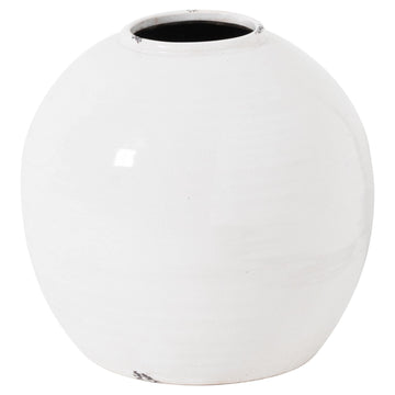 Handcrafted white ceramic vase with rustic-modern glaze, 29cm wide, showcasing unique artisan distressing and elegant proportions. by Sostter at brixbailey.com