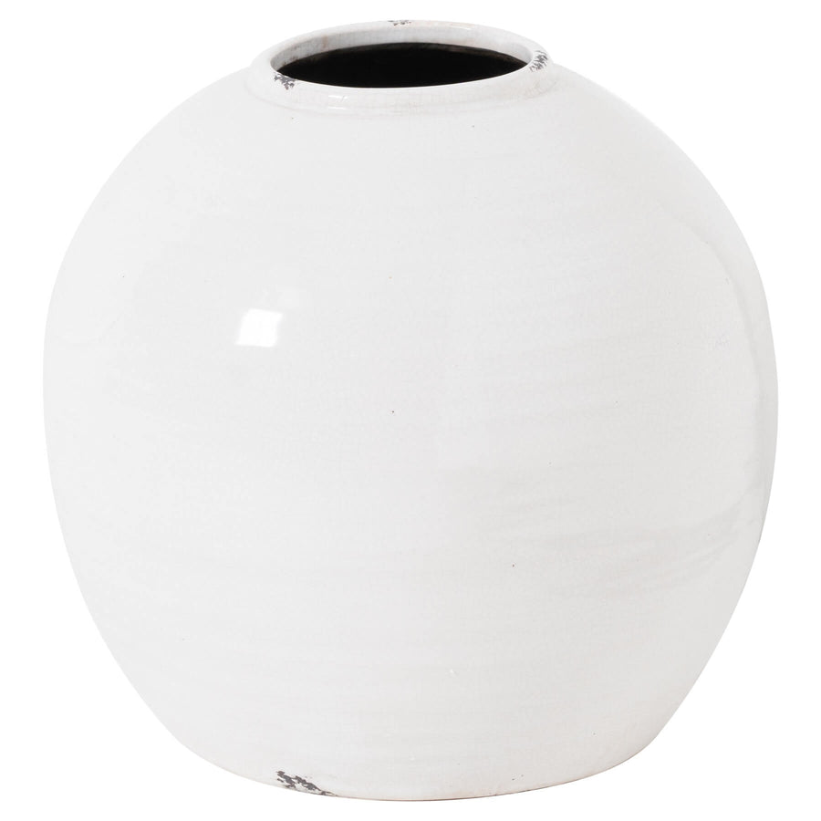 Handcrafted white ceramic vase with rustic-modern glaze, 29cm wide, showcasing unique artisan distressing and elegant proportions. by Sostter at brixbailey.com