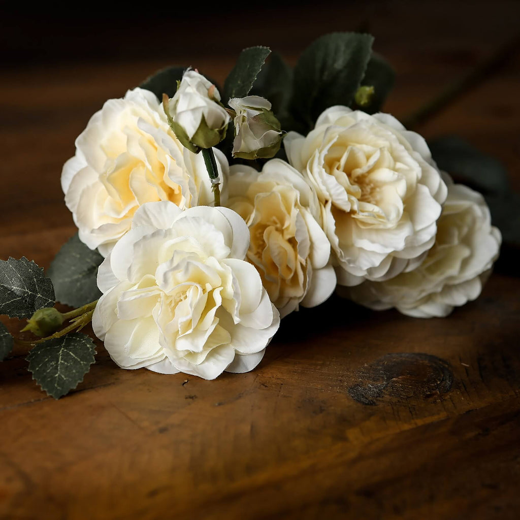 Soft white cottage rose stem with realistic ivory blooms and green foliage, perfect for elegant floral arrangements. by Sostter at brixbailey.com