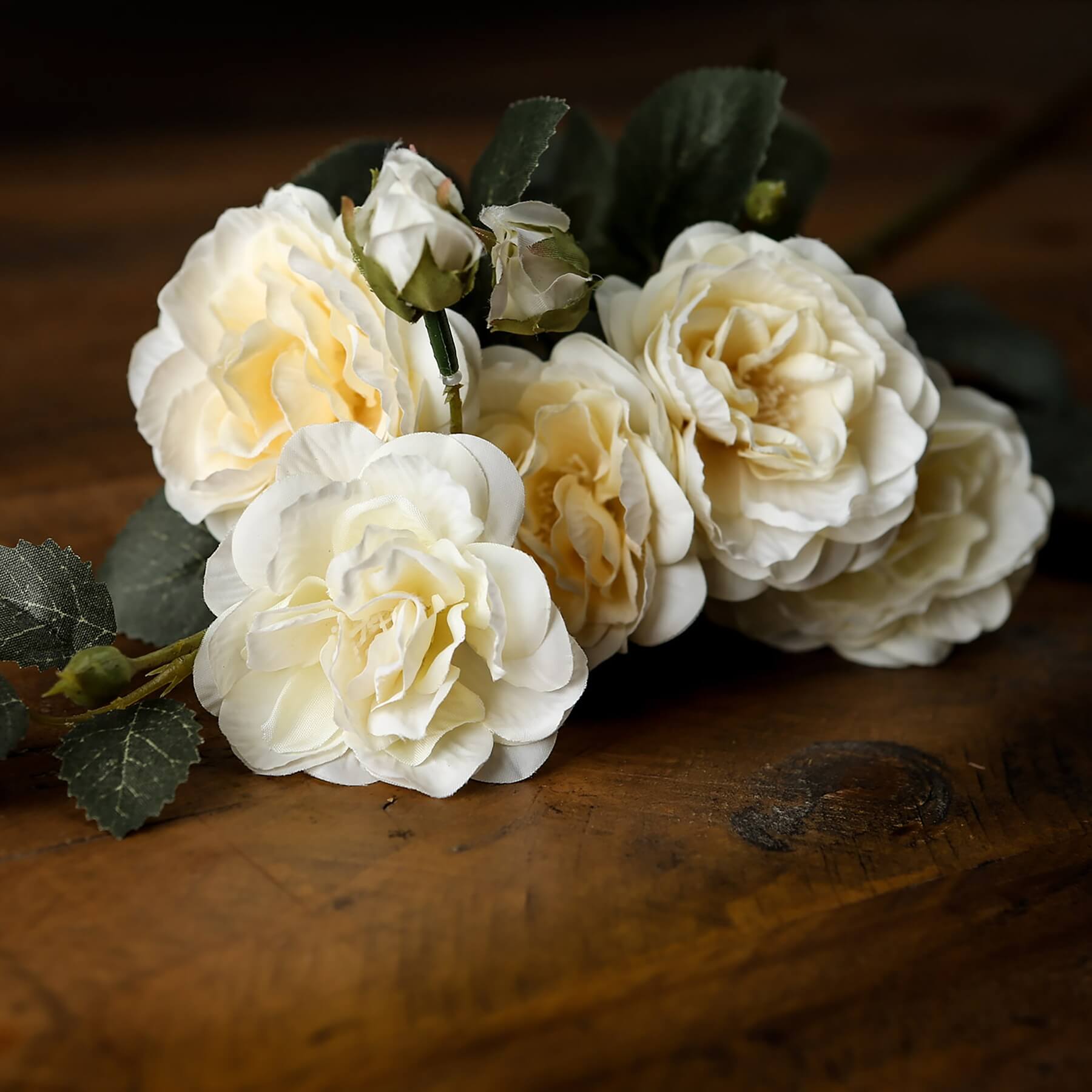 Soft white cottage rose stem with realistic ivory blooms and green foliage, perfect for elegant floral arrangements. by Sostter at brixbailey.com
