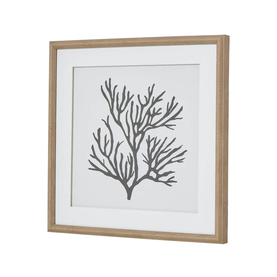 Black coral silhouette artwork on white, framed in natural wood with beaded detailing, 40cm coastal wall decor by Sostter at brixbailey.com