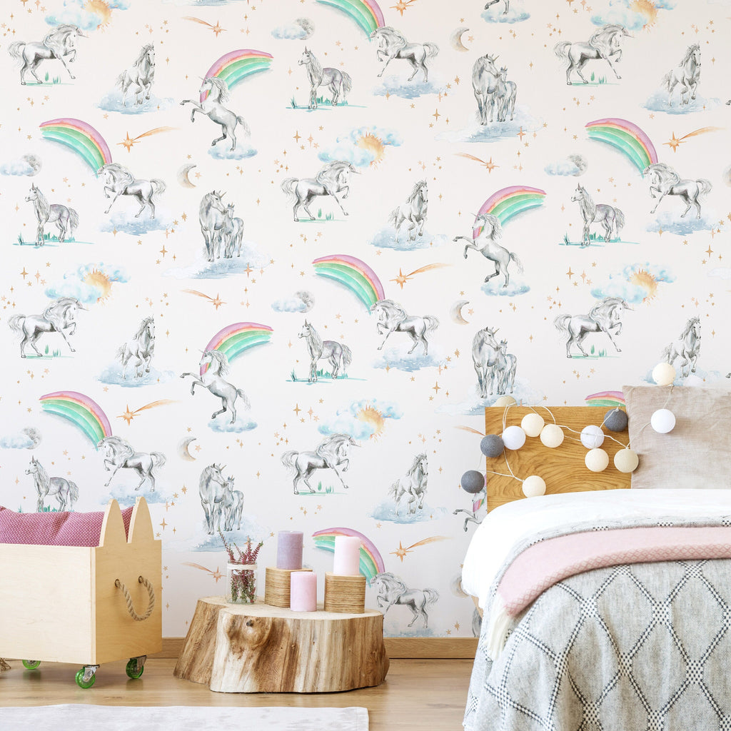 Unicorns and rainbows hand-designed wallpaper
