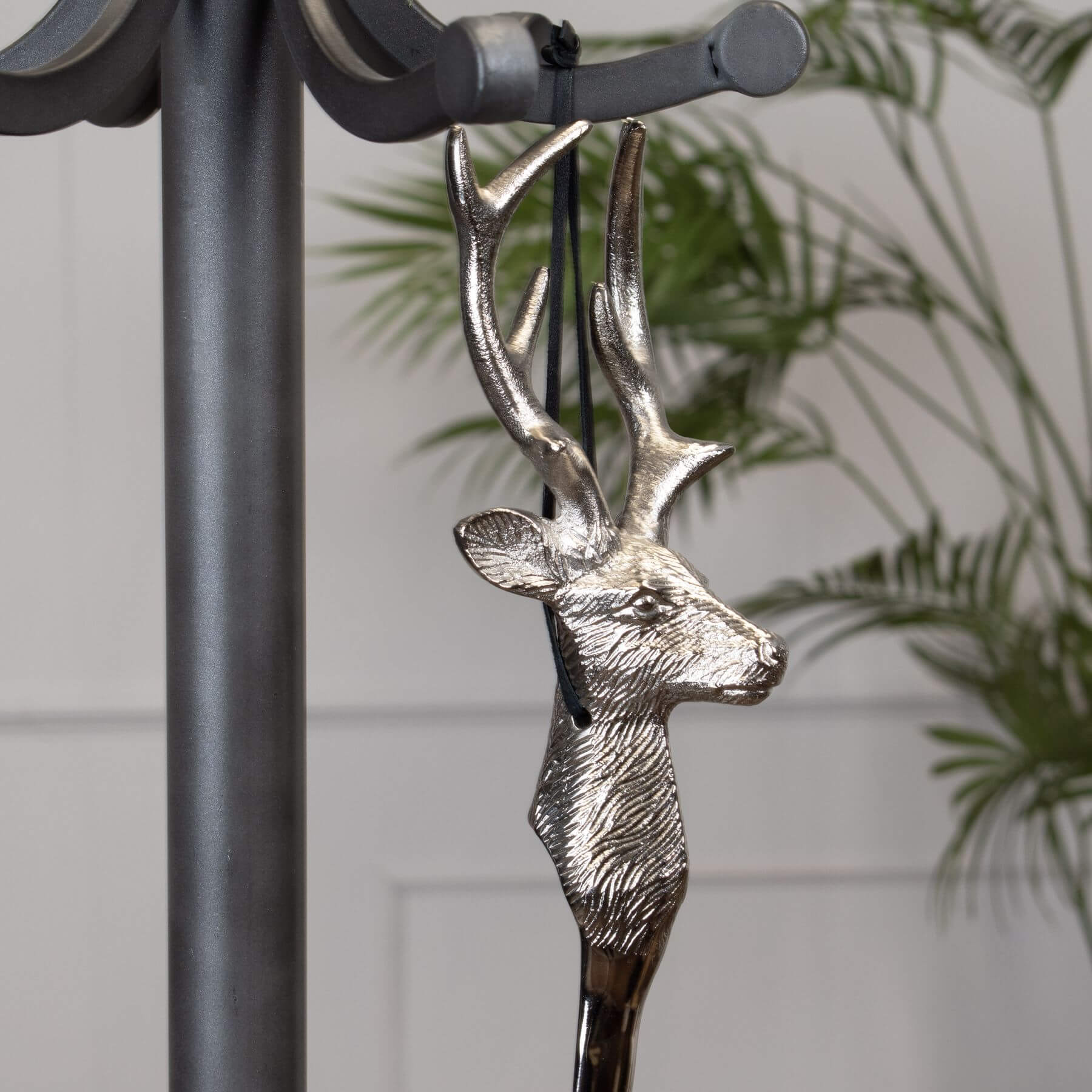 Silver nickel stag head shoe horn, 53cm metal entryway accessory with elegant design by Sostter at brixbailey.com
