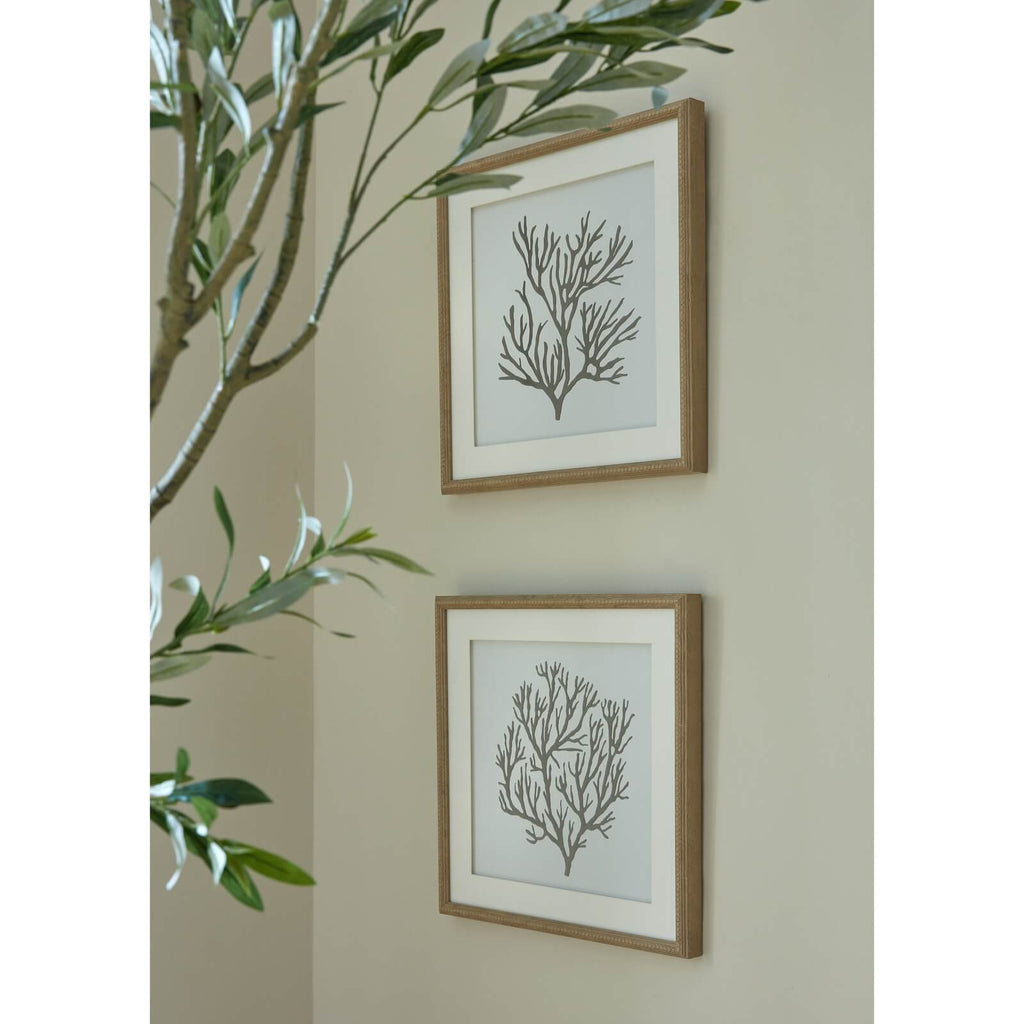 Black coral silhouette artwork on white background in natural wood frame, coastal home decor, 40cm square by Sostter at brixbailey.com