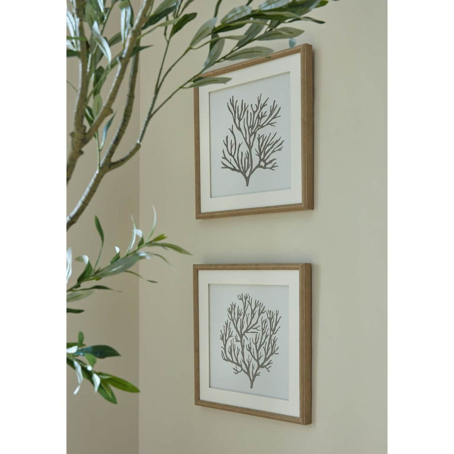 Black coral silhouette artwork on white background in natural wood frame, coastal home decor, 40cm square by Sostter at brixbailey.com