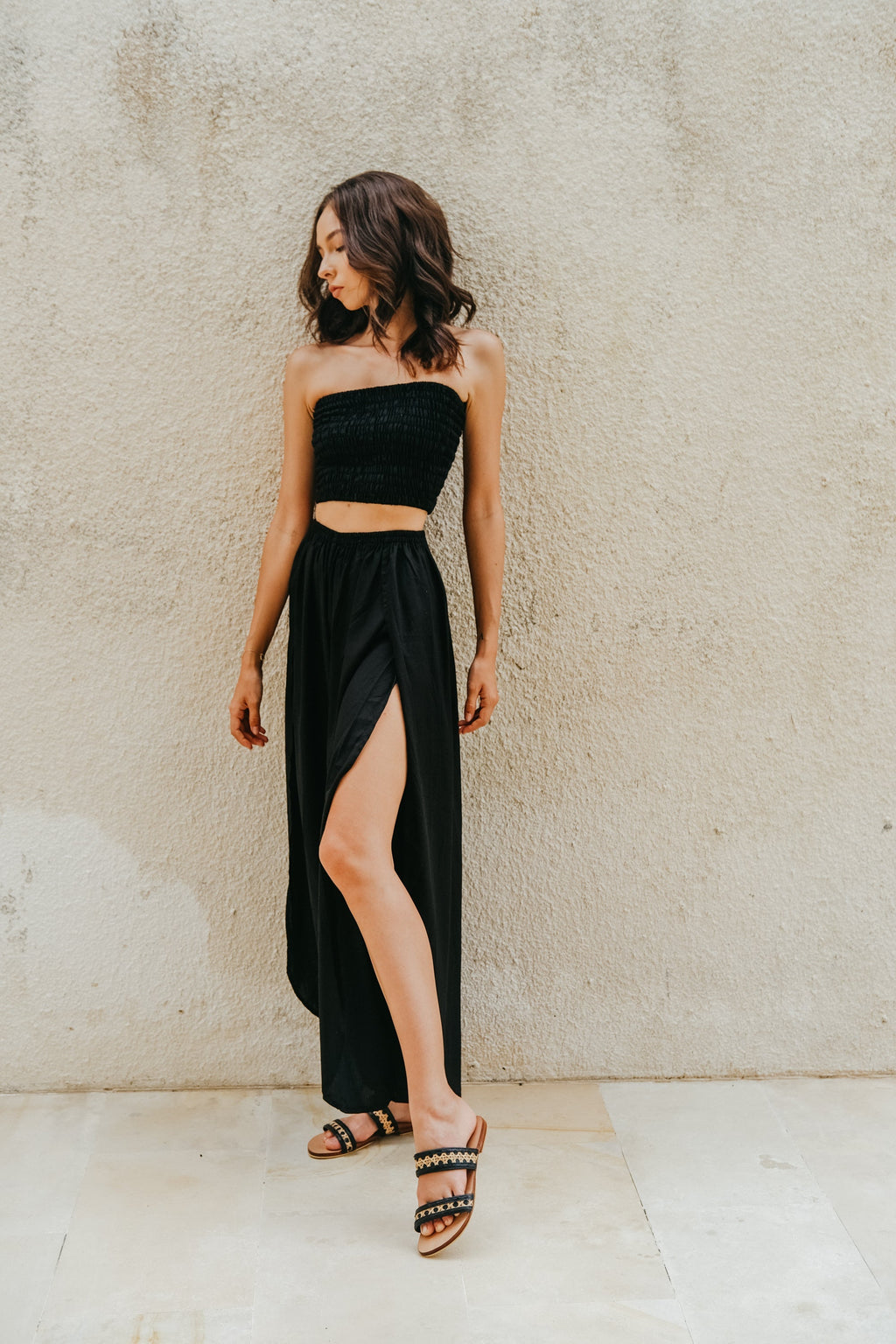 Black Side Split Pants and Tube Top Set