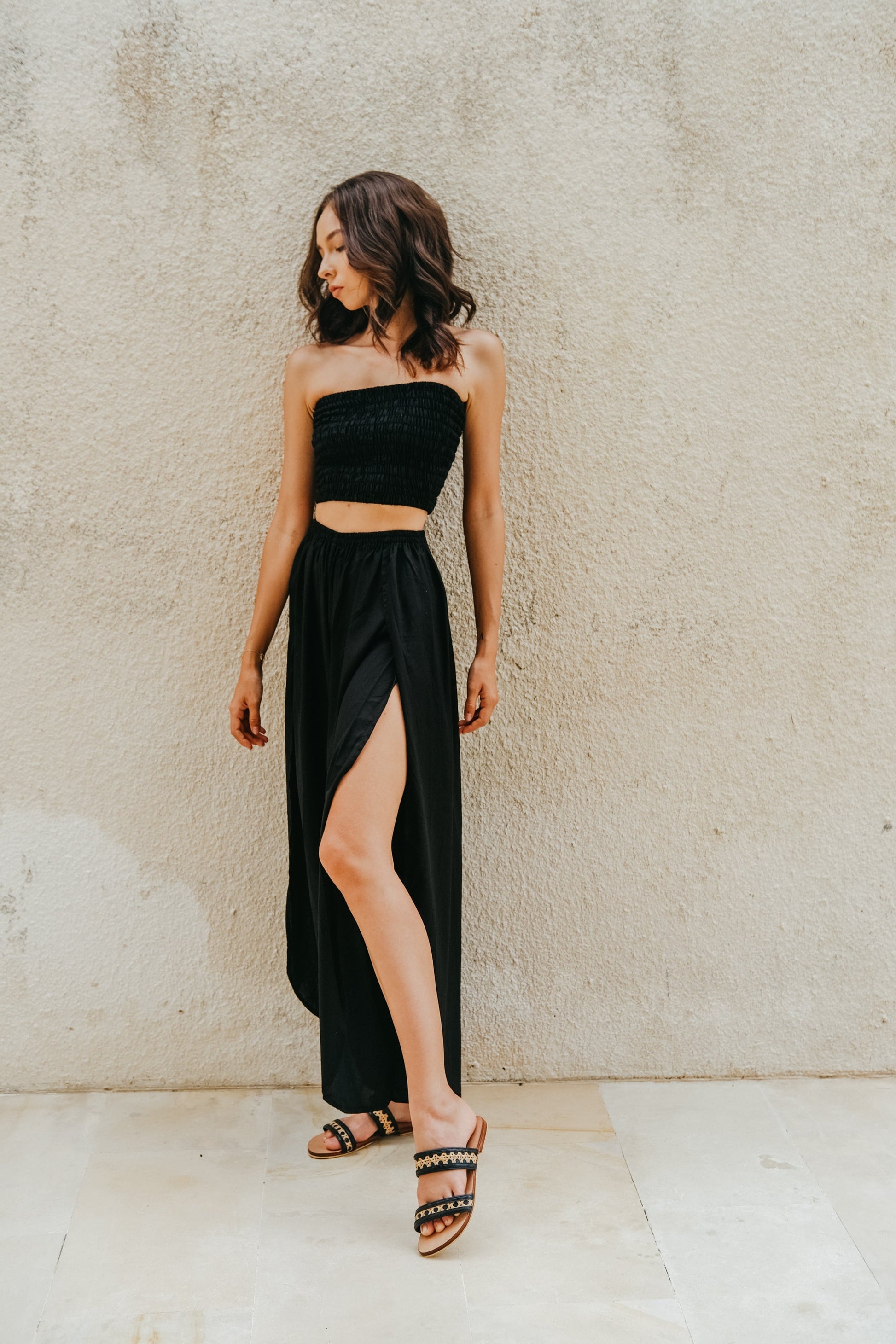 Black Side Split Pants and Tube Top Set