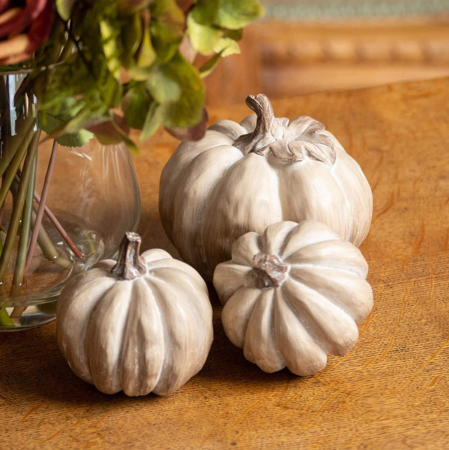 Set of six handcrafted grey wood-effect resin pumpkins for rustic fall decor by Sostter at brixbailey.com