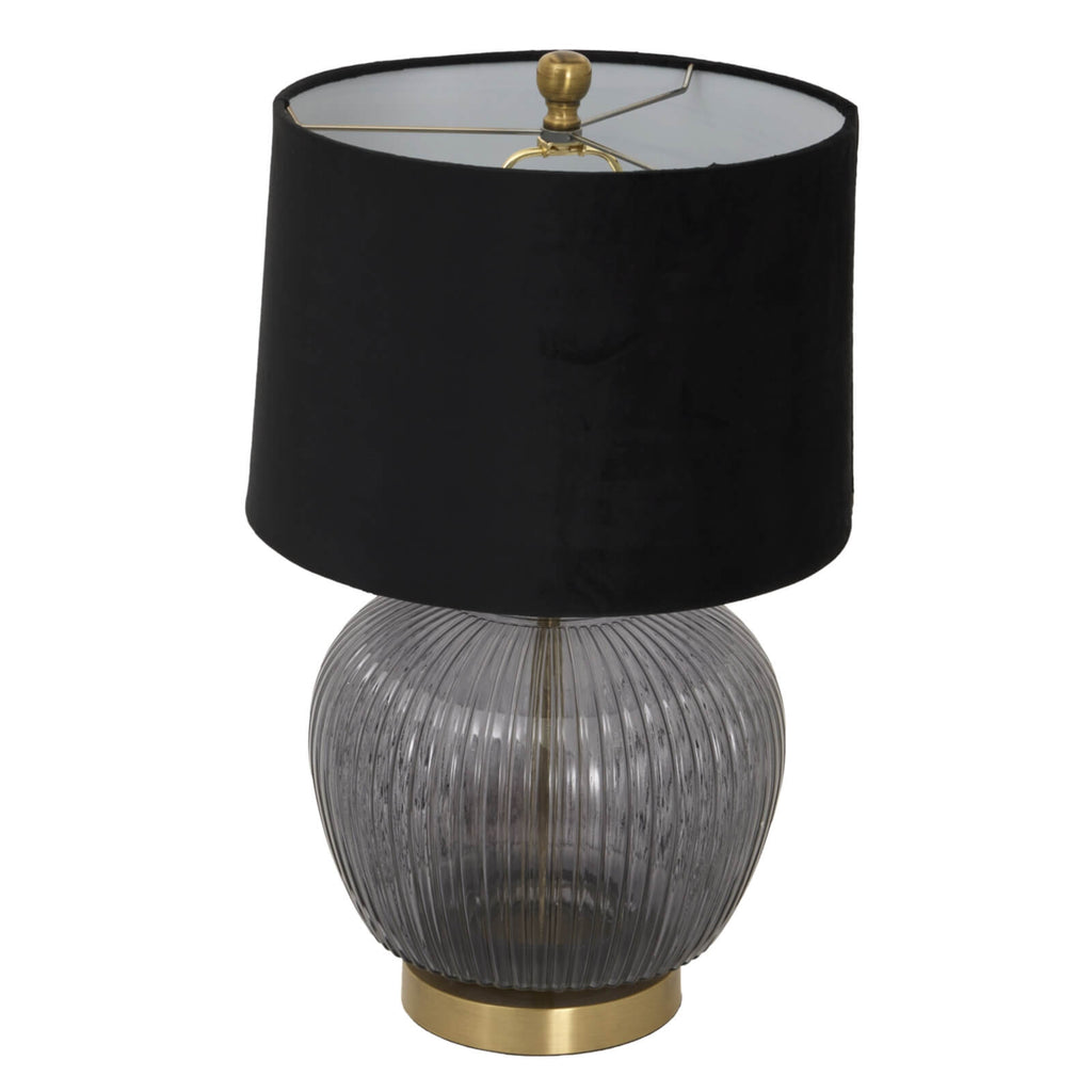 Luxton table lamp with ribbed glass base and black velvet shade, modern home lighting by Sostter at brixbailey.com