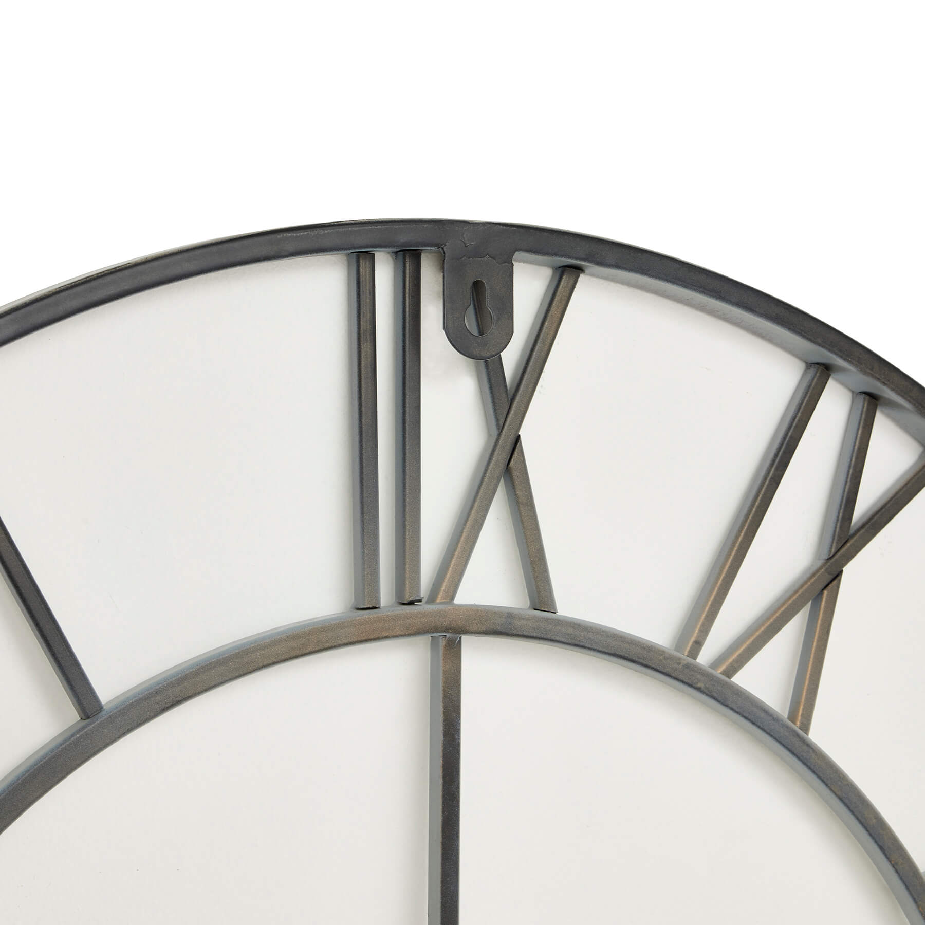 Grey oversized skeleton wall clock with Roman numerals, modern metal design, 80cm diameter, industrial decor focal point by Sostter at brixbailey.com