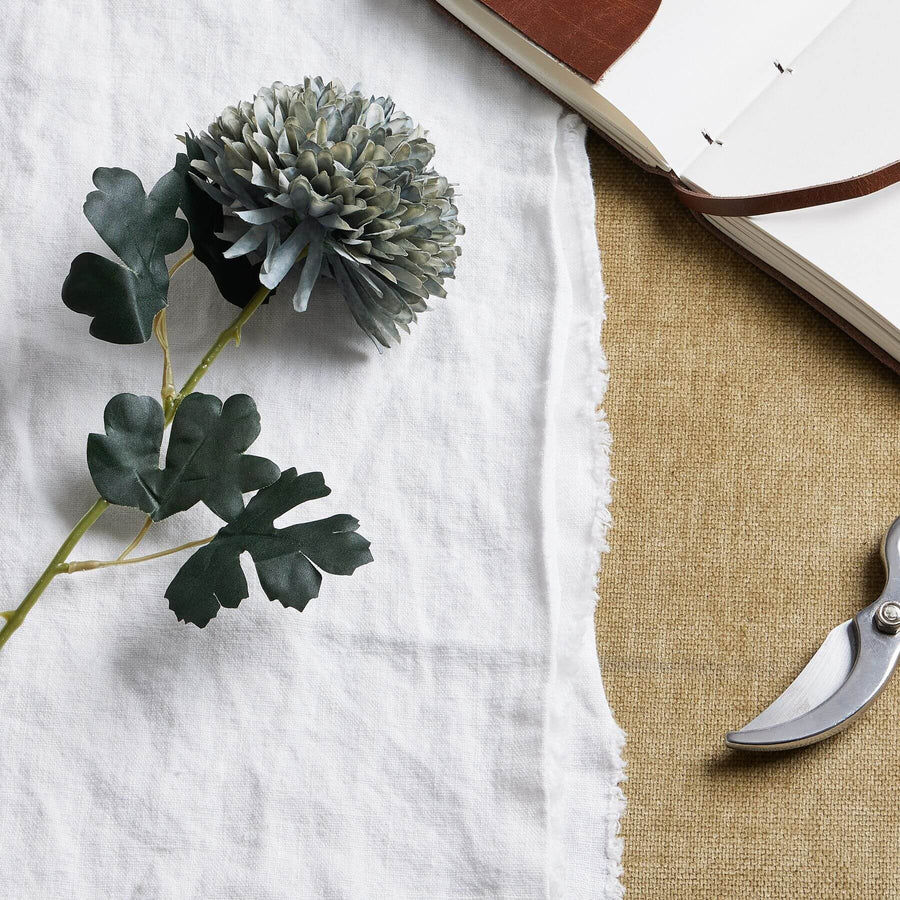 Lifelike artificial chrysanthemum stem in soft sage and powder blue, 54cm tall with realistic layered petals by Sostter at brixbailey.com