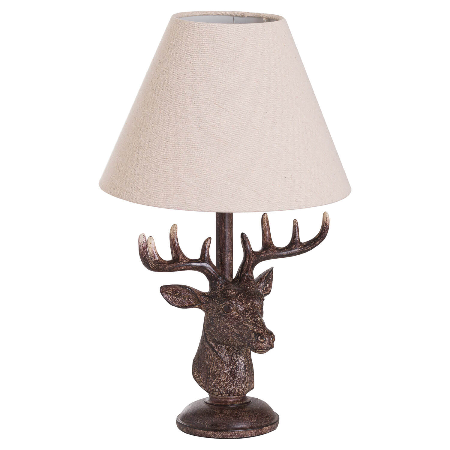 Handcrafted stag head table lamp with antique bronze resin base and natural linen shade, rustic home decor  by Sostter at brixbailey.com