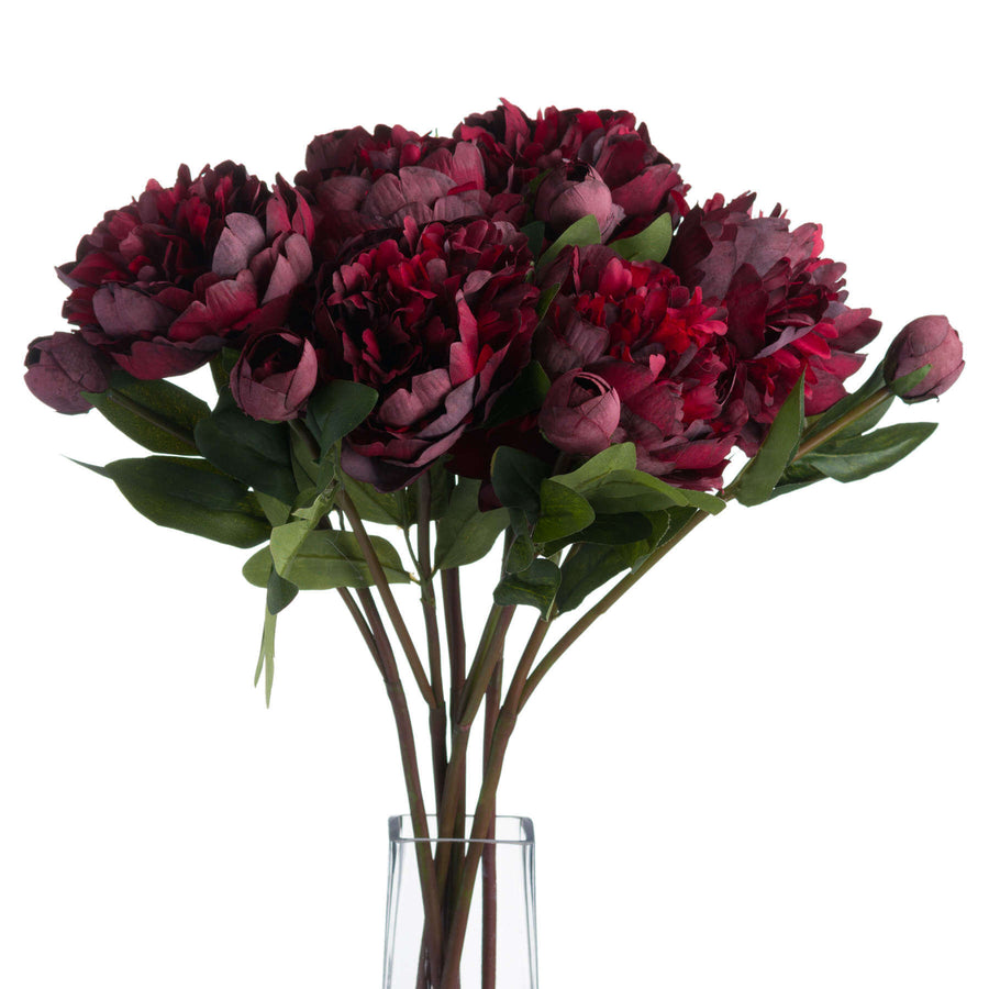 Burgundy faux peony stem with realistic petals and bud, perfect for everlasting floral arrangements. by Sostter at brixbailey.com