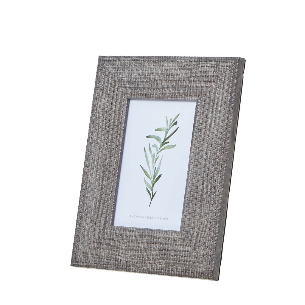 Handwoven grey-washed wooden photo frame, rustic modern design, fits 4x6 pictures, artisanal texture for home decor. by Sostter at brixbailey.com